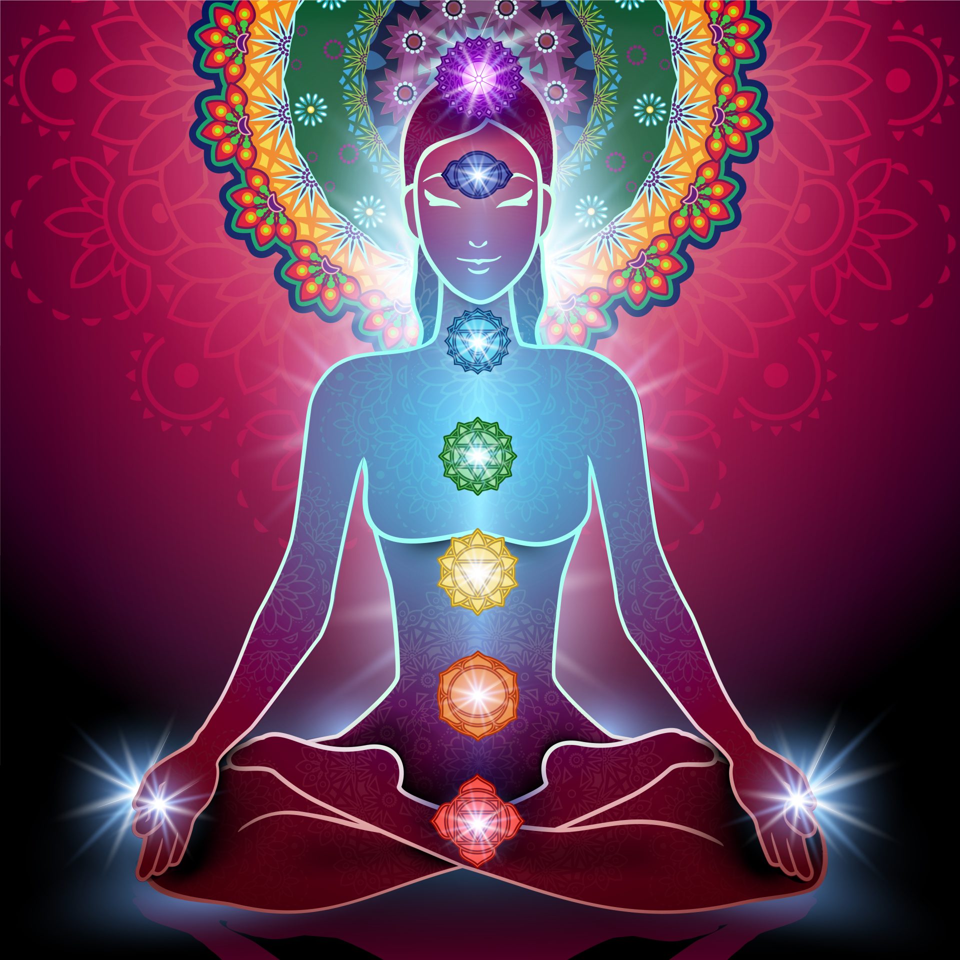 vibrant drawing of woman seated in lotus with chakras symbols